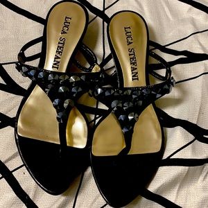 Luca Stefani Patent Crystal Leather Embellished Sandals Never Used